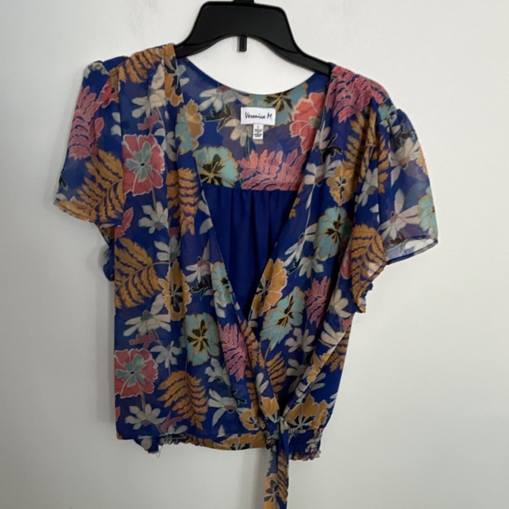Veronica M Women's Floral Chiffon Tie Front Blouse Flutter Sleeve Blue L